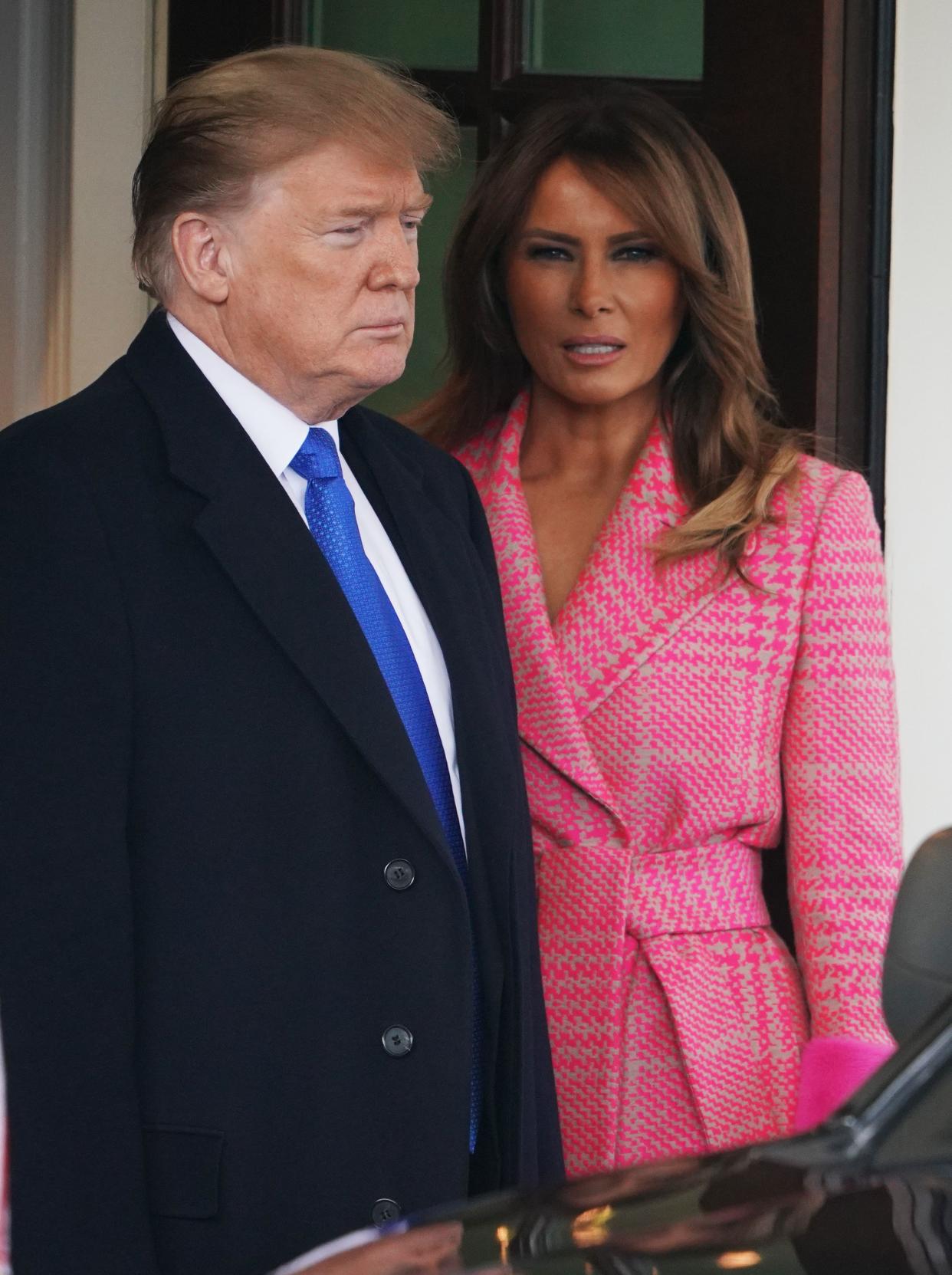 US President Donald Trump and First Lady Melania Trump bid farewell to Colombia’s President Ivan Duque Marquez and his wife Maria Juliana Ruiz Sandoval outside of the West Wing of the White House in Washington, DC on February 13, 2019. (Photo by MANDEL NGAN / AFP) (Photo credit should read MANDEL NGAN/AFP/Getty Images)