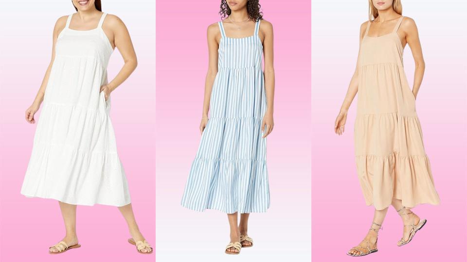Three models wearing the same dress in white, blue stripes and tan peach color on a pink background. 