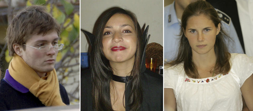 FILE - This combination of three file photos shows: from left, Italian student Raffaele Sollecito, slain British woman Meredith Kercher and her American roommate Amanda Knox. Amanda Knox returns to an Italian courtroom Wednesday June 5, 2024, for the first time in more than 12½ years to clear herself ‘once and for all’ of a slander charge that stuck even after she was exonerated in the brutal 2007 murder of her British roommate in the idyllic hilltop town of Perugia. (AP Photo/File)