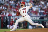 Los Angeles Angels starting pitcher Patrick Sandoval (43) throws during the second inning of a baseball game against the Minnesota Twins in Anaheim, Calif., Friday, Aug. 12, 2022. (AP Photo/Ashley Landis)