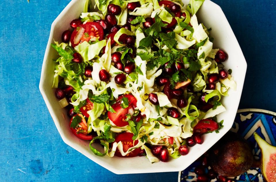 Shredded Cabbage Salad with Pomegranate and Tomatoes