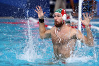 <p>Viktor Nagy of Team Hungary in action during the Men’s Bronze Medal match between Hungary and Spain on day sixteen of the Tokyo 2020 Olympic Games at Tatsumi Water Polo Centre on August 08, 2021 in Tokyo, Japan. (Photo by Clive Rose/Getty Images)</p> 