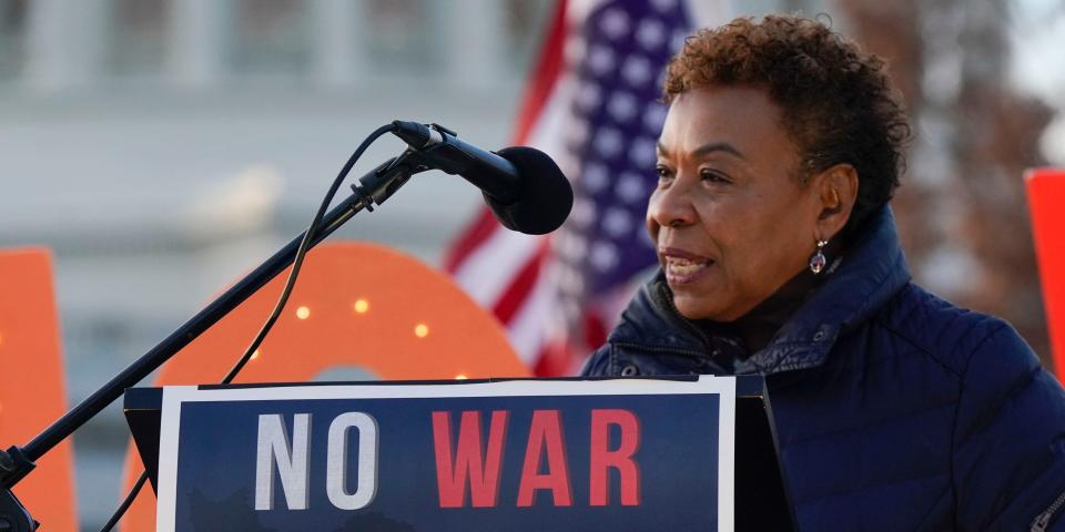 Rep. Barbara Lee speaks at a protest against war with Iran.