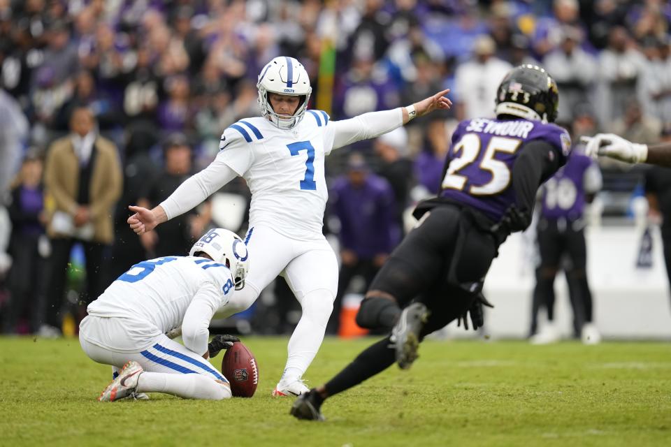 Indianapolis Colts place kicker Matt Gay kicks the game-winning field goal during overtime of an NFL football game against the Baltimore Ravens, Sunday, Sept. 24, 2023, in Baltimore. | Julio Cortez, Associated Press