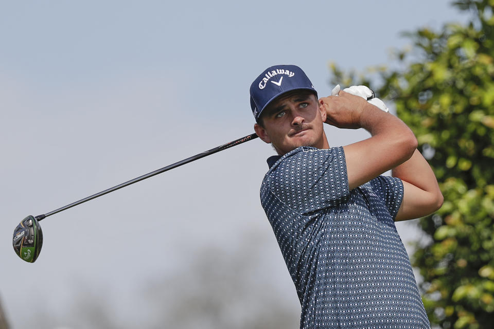 CORRECTS SPELLING TO CHRISTIAAN, INSTEAD OF CHRISTIAN - Christiaan Bezuidenhout, of South Africa, hits from the ninth tee during the second round of the Arnold Palmer Invitational golf tournament Friday, March 6, 2020, in Orlando, Fla. (AP Photo/John Raoux)