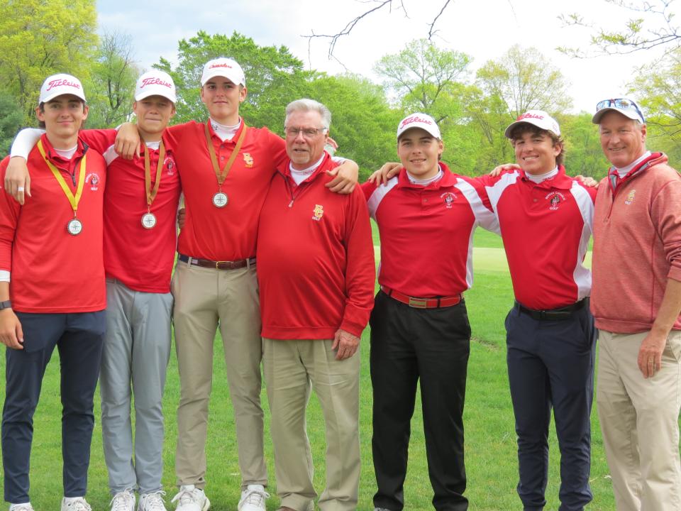 Bergen Catholic wins the Big North Conference Bergen Bracket golf title at Rockleigh Golf Course in Rockleigh on Friday, May 5, 2023: from left: individual titlist Ryan Applin, Ryder Hodgson, Liam White, coach Jim Jacobsen, Adam Sincavage, Chris Vrtis, and assistant Dave Monahan