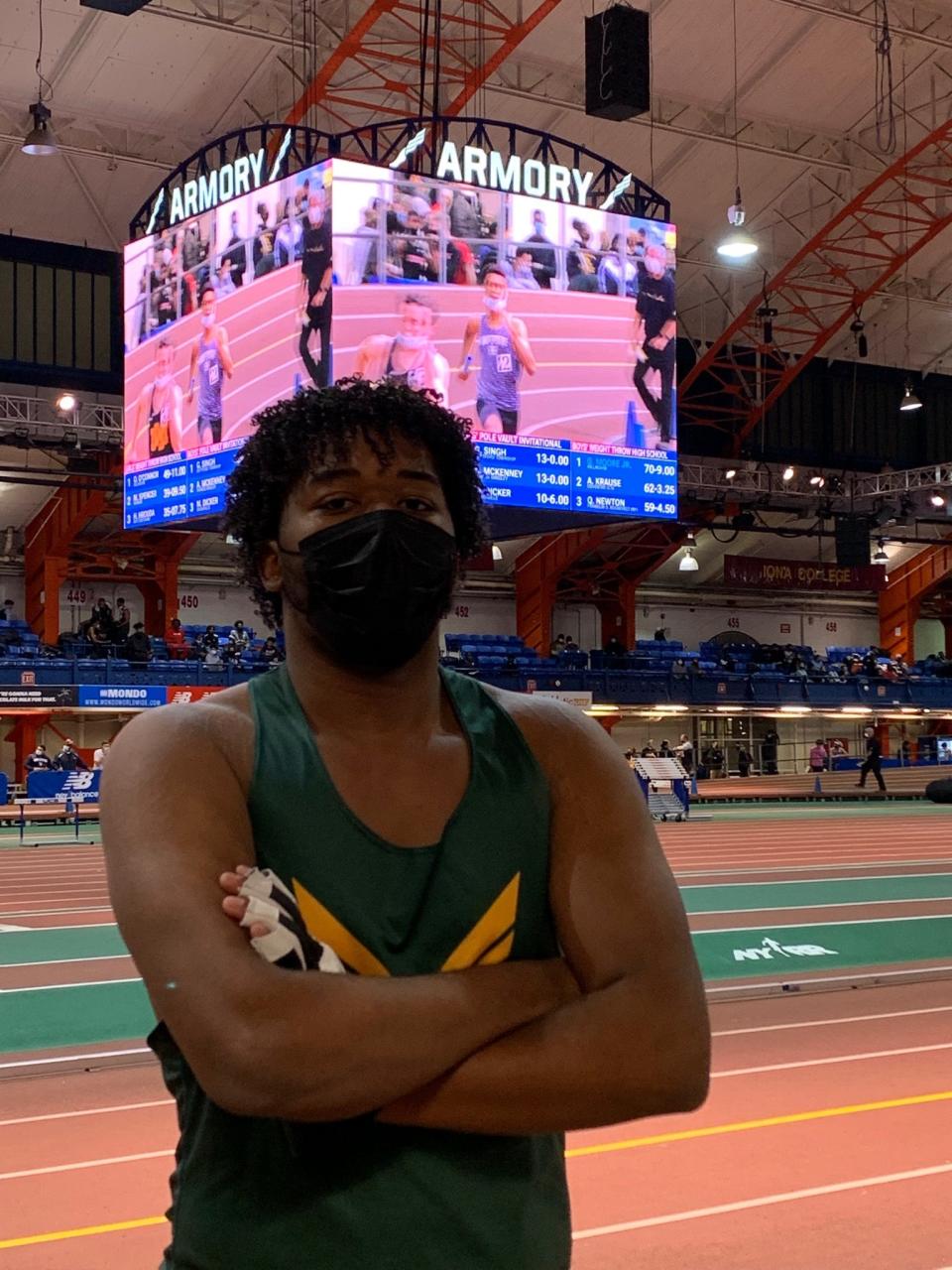 Franklin D. Roosevelt's Qualiar Newton poses during the Millrose Games Trials on Jan. 12 at The Armory after taking third in the weight throw and earning a berth to the Millrose Games.