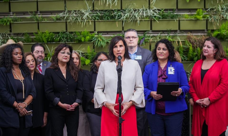 Annette Tielle, Del Valle school superintendent speaks Friday at a news conference with other superintendents from across the state who oppose the release of the state's revised school ratings.