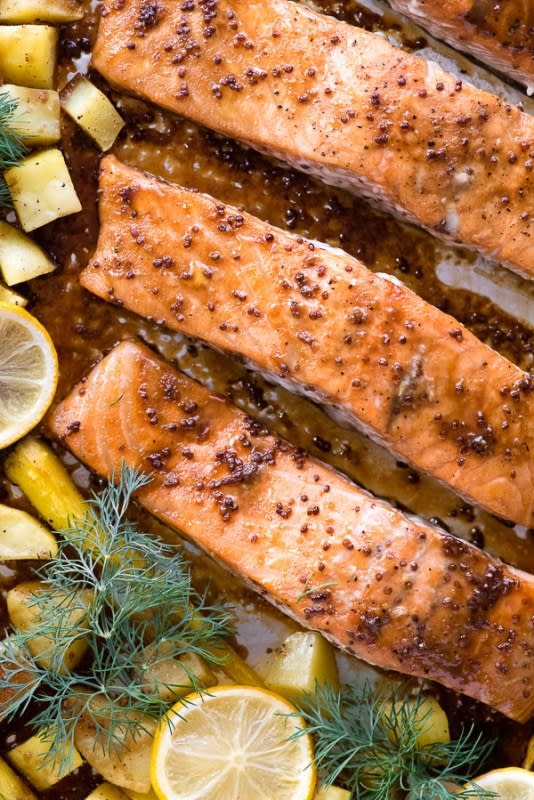 <p>Boulder Locavore</p><p>Ready in under an hour makes it a perfect mid-week meal. Grab the recipe <a href="https://boulderlocavore.com/sheet-pan-maple-mustard-salmon/" rel="nofollow noopener" target="_blank" data-ylk="slk:here;elm:context_link;itc:0;sec:content-canvas" class="link ">here</a>.</p>