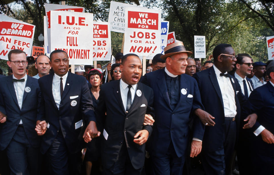 Leaders of the March on Washington for Jobs and Freedom, including Martin Luther King Jr., demonstrate on Aug. 28, 1963 in Washington, D.C.