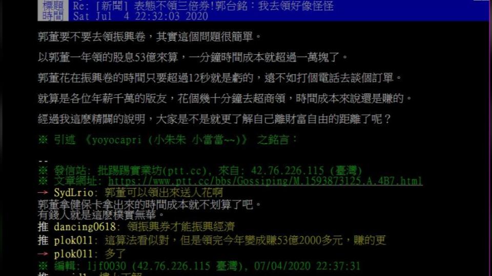 網友分析郭董不領三倍券的原因。（圖／PTT網友授權提供）