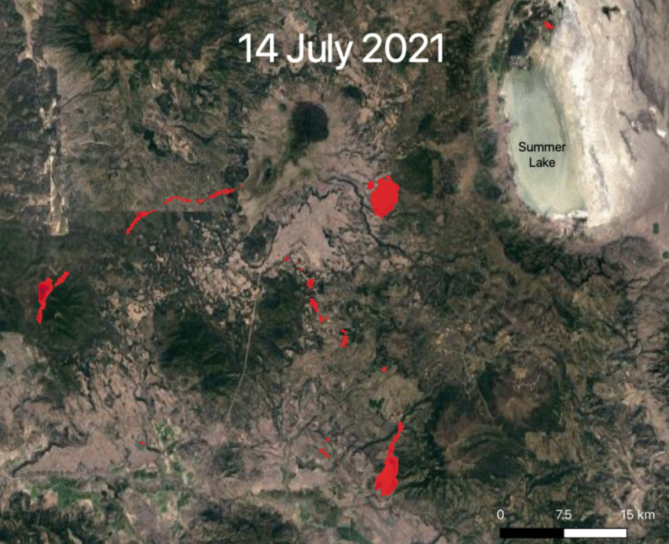 By the 14th of July, the Bootleg Fire had shifted in different directions (NASA)