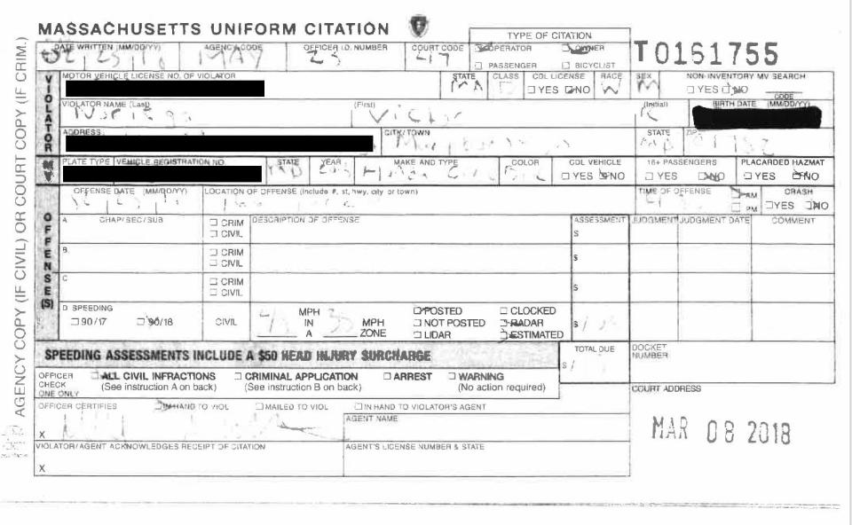 A Maynard police officer marked Victor Noriega as white on a citation issued in 2018.
