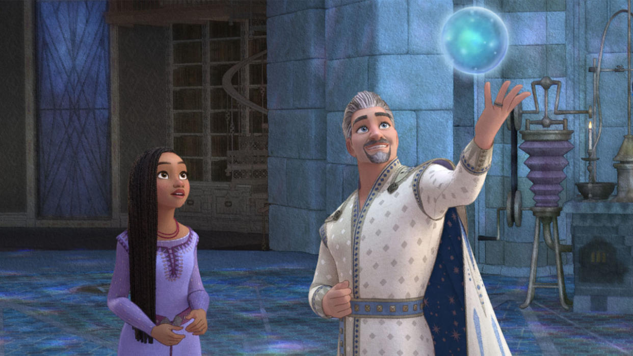  King Magnifico introduces Asha to his wishing room in Disney's Wish film. 