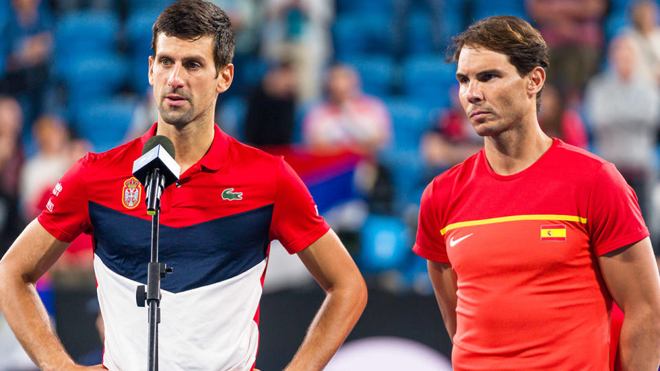 Rafael Nadal (pictured right) looking solemn and Novak Djokovic (pictured left) talking to the crowd.