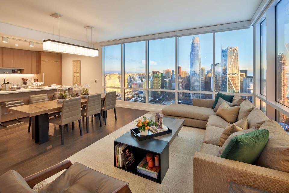 The living and dining space in a typical condo unit at The Avery. 