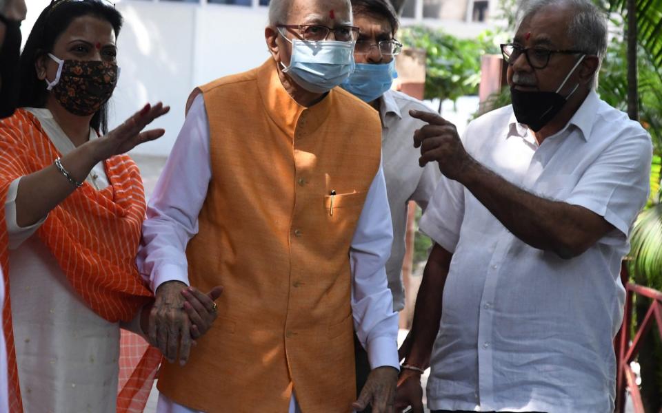 Senior Bharatiya Janata Party (BJP) leader LK Advani (C) speaks to the media at his residence in New Delhi following the verdict on the 1992 destruction of the Babri Masjid mosque - STR/EPA-EFE/Shutterstock /Shutterstock