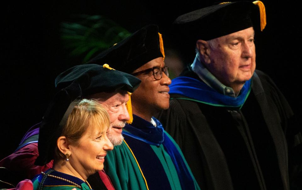 Aysegul Timur was installed as the new president of Florida Gulf Coast University at Alico Arena on the FGCU campus on Friday, Jan. 12, 2024. She is seen with former FGCU presidents, from left, Michael Martin, Wilson Bradshaw and Roy McTarnaghan. FGCU's second president, William Merwin died in 2007.