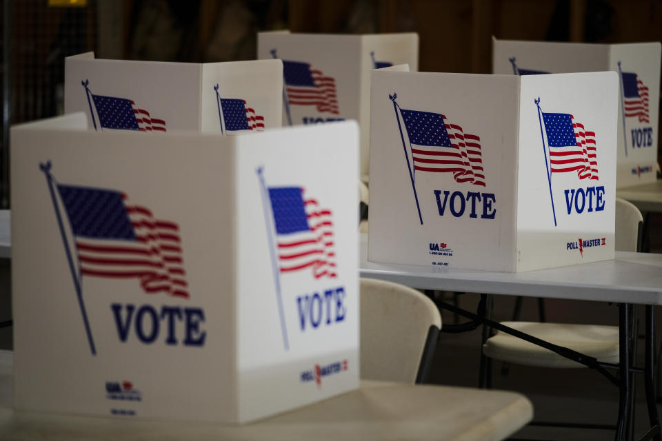 Voting booths are set up at a polling place in Newtown, Pa., Tuesday, April 23, 2024. (AP Photo/Matt Rourke)