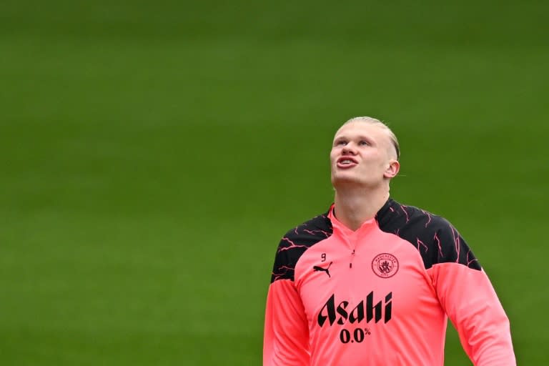 L'attaquant norvégien de Manchester City, Erling Haaland, lors d'une séance d'entraînement, à Manchester, le 16 avril 2024 (Oli SCARFF)