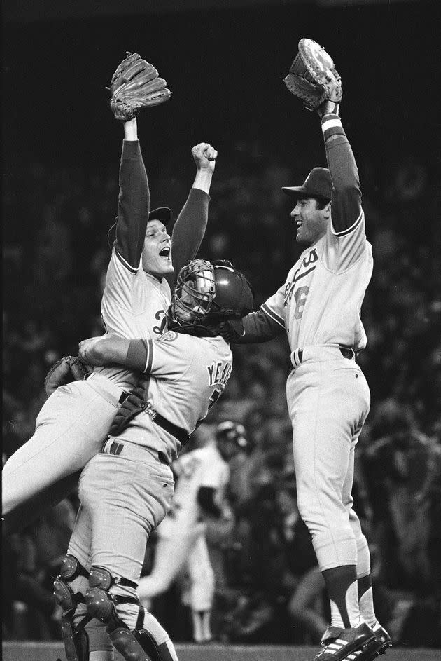 Steve Garvey, right, celebrates with catcher Steve Yeager and pitcher Steve Howe after the Dodgers won the World Series over the New York Yankees in 1981.