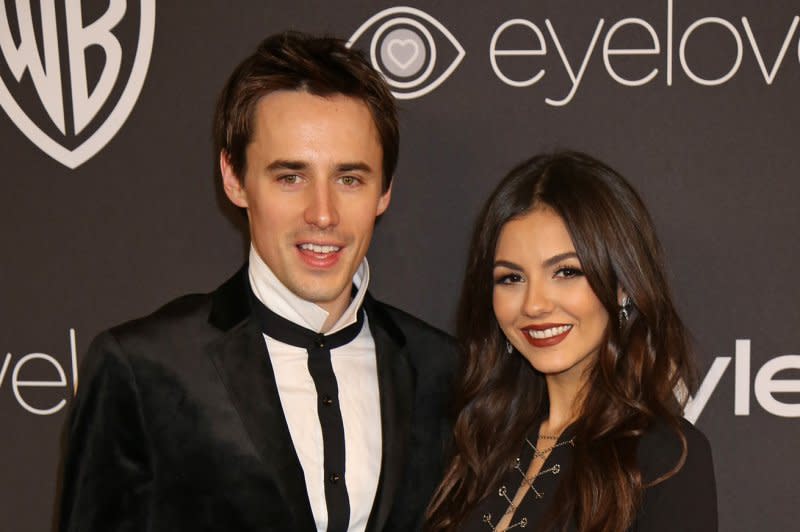 Reeve Carney (L) and Victoria Justice attend the InStyle and Warner Bros. Golden Globes after-party in 2017. File Photo by David Silpa/UPI