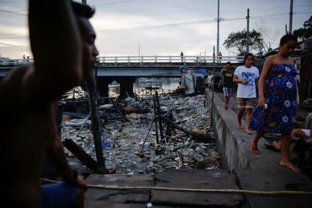 People pass under C-3 bridge in North Bay Boulevard South (NBBS), a Navotas City district of slums and waterways with a high number of drug war deaths, in Manila, Philippines November 3, 2016. REUTERS/Damir Sagolj