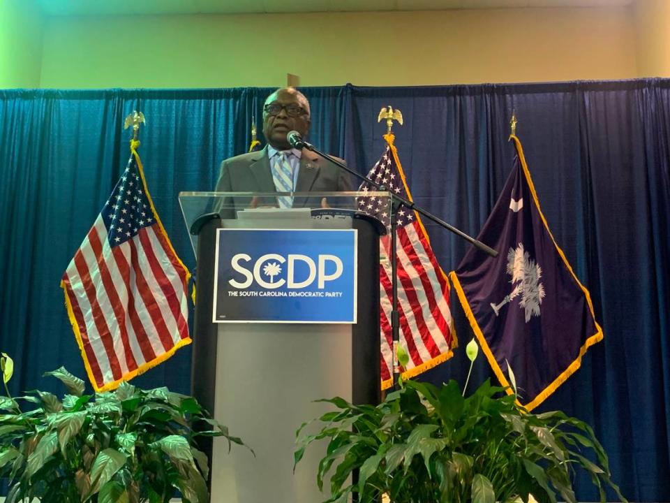 U.S. Rep. Jim Clyburn, D-Santee, speaks at the South Carolina Democratic Party Blue Palmetto Dinner at the state fairgrounds on Friday, May 17, 2024.