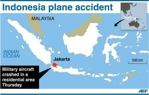 Map of Indonesia locating Jakarta, where a military Fokker plane crashed in a housing complex Thursday. The number of people killed when the jet crashed has risen to 11, an air force spokesman said Friday