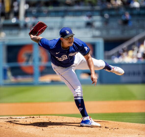 LOS ANGELES, CA - AUGUST 13, 2023: Los Angeles Dodgers starting pitcher Julio Urias (7)