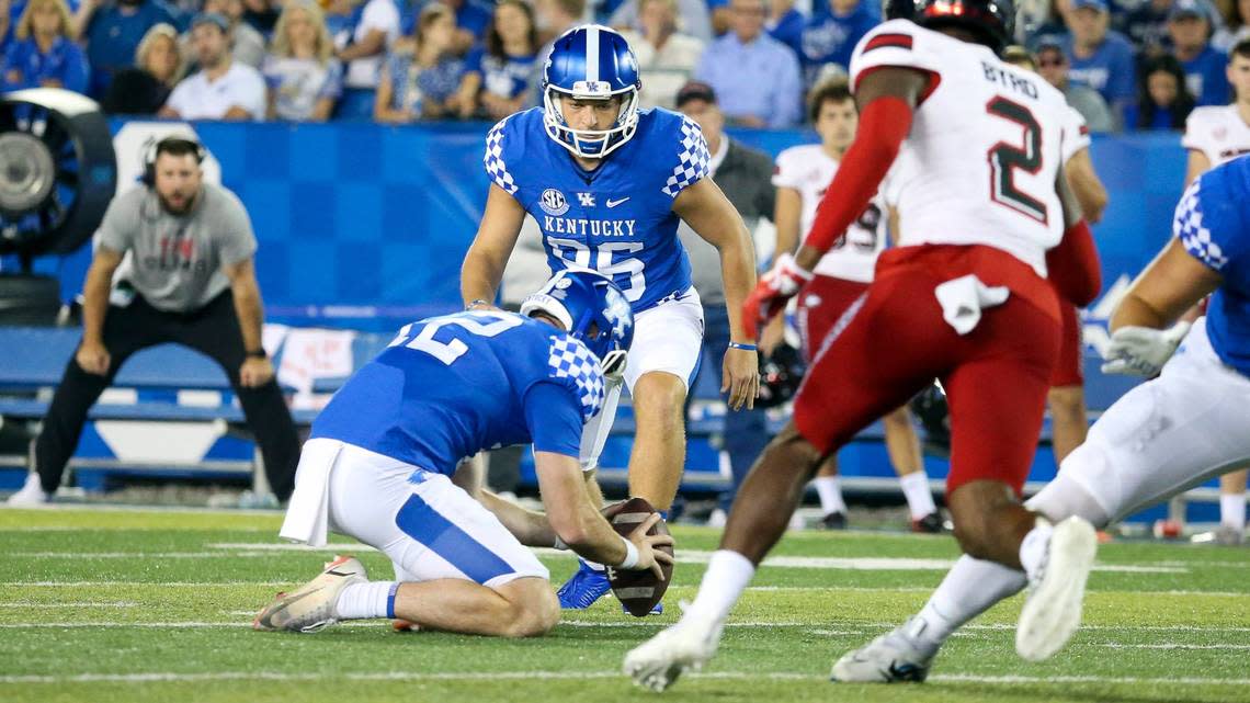 Kentucky place-kicker Matt Ruffolo (96) booted a 49-yard field goal in UK’s 31-23 win over Northern Illinois last week.