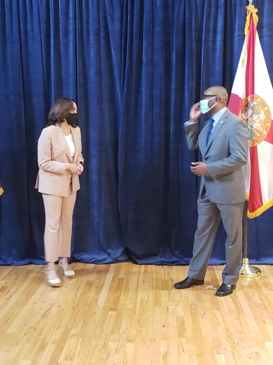 Kamala Harris, U.S. vice presidential nominee for Democratic candidate Joe Biden, meets with Miami-Dade County Commissioner Jean Monestime in a private meeting during her first campaign visit to Miami on Thursday, Sept. 10, 2020.