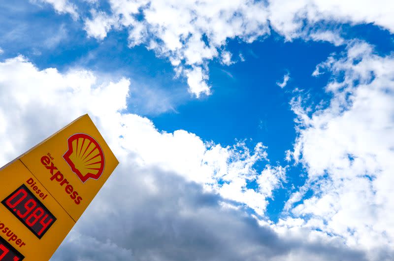 The logo of Royal Dutch Shell is seen at a petrol station in Sint-Pieters-Leeuw,