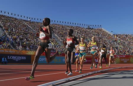 Athletics - Gold Coast 2018 Commonwealth Games - Women's 5000m - Final - Carrara Stadium - Gold Coast, Australia - April 14, 2018. Hellen Obiri of Kenya leads the pack. REUTERS/Paul Childs