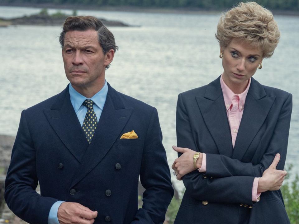 Dominic West as Prince Charles and Elizabeth Debicki as Diana, Princess of Wales in The Crown (Netflix)