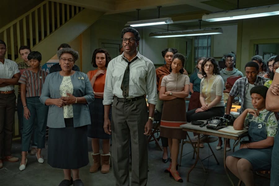 The upcoming film “Rustin” features Colman Domingo (center) as Bayard Rustin and CCH Pounder (left) as Dr. Anna Hedgeman, among others. (Photo credit: David Lee/Netflix © 2022)