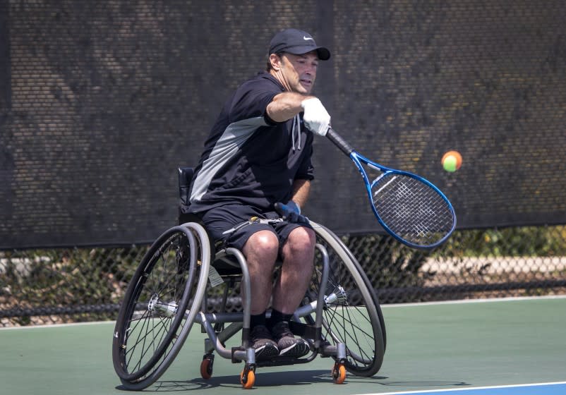 Irvine, CA - April 24: Wheelchair tennis Paralympian David Wagner puts on an exhibition/demonstration.