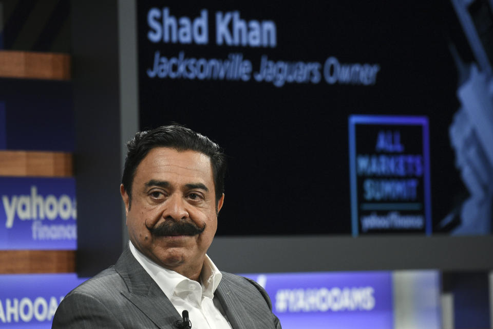 FILE - In this Oct. 10, 2019, file photo, Jacksonville Jaguars owner Shad Khan participates in the Yahoo Finance All Markets Summit at Union West in New York. Current or former players, along with people in positions of leadership with NFL clubs, have offered differing opinions this week on how pervasive the sorts of racist, homophobic and misogynistic thoughts expressed by Jon Gruden -- in emails he wrote from 2011-18, when he was an ESPN analyst between coaching jobs, to then-Washington club executive Bruce Allen – remain around the sport to this day. (Photo by Evan Agostini/Invision/AP, File)