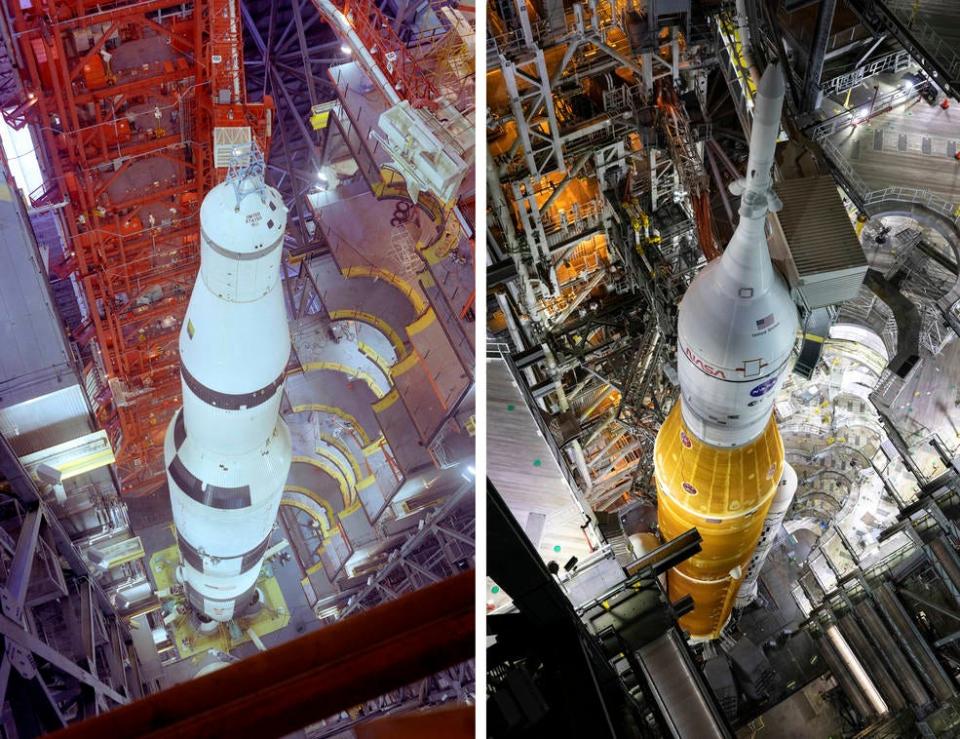 On the left, NASA’s 363-foot-tall Saturn V rocket for the Apollo 4 mission stands inside the Vehicle Assembly Building (VAB) at the agency’s Kennedy Space Center in Florida in preparation for roll out to the launch pad. On the right, the 322-foot-tall Space Launch System rocket and Orion spacecraft for the Artemis I mission stands inside the VAB ahead of rollout for the mission’s wet dress rehearsal. The Apollo Program conducted two uncrewed Saturn V test flights – the Apollo 6 flight test followed after Apollo 4 – whereas Artemis I is the only uncrewed flight planned to precede the Artemis II flight that will send astronauts inside Orion to the Moon.