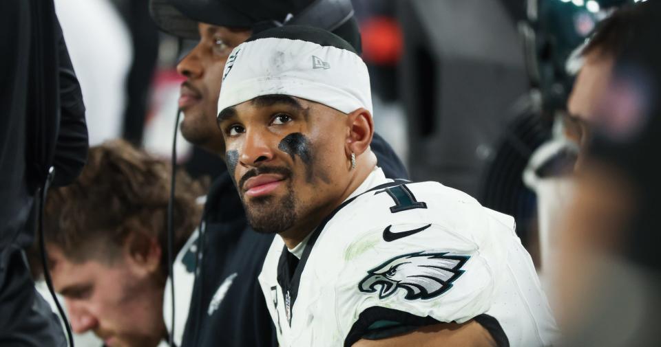 Jan 15, 2024; Tampa, Florida, USA; Philadelphia Eagles quarterback Jalen Hurts (1) reacts during the second half of a 2024 NFC wild card game against the Tampa Bay Buccaneers at Raymond James Stadium. Mandatory Credit: Kim Klement Neitzel-USA TODAY Sports