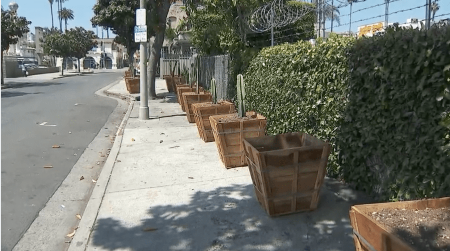 Businesses in Hollywood along Sunset Boulevard paid to install planters on the sidewalks to deter homeless encampments. These images were shot on May 12, 2024. (KTLA)