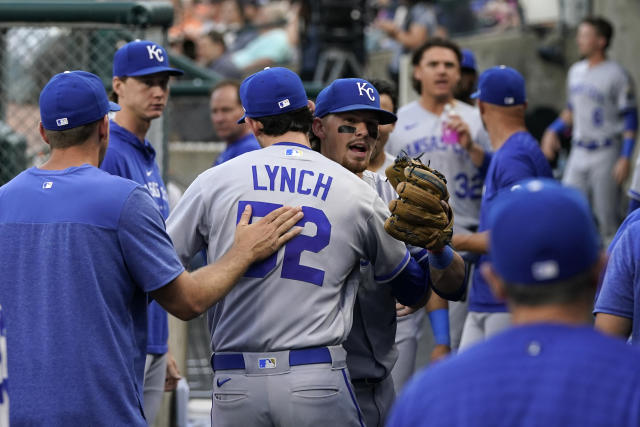 Kansas City Royals' Matt Beaty runs to first base after hitting a single  against the Los Angeles Angels during the eighth inning of a baseball game,  Sunday, June 18, 2023, in Kansas