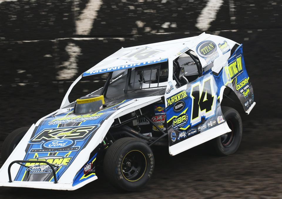 Fairbury's Caden McWhorter was able to claim his first career modified feature win last Friday night at the Farmer City Raceway.