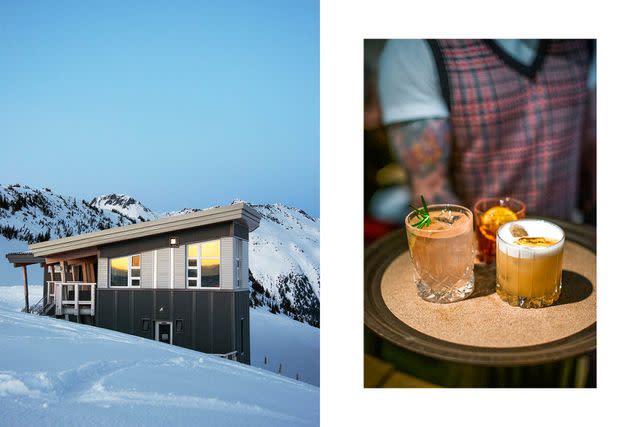 <p>Kari Medig</p> From left: Sunset at the Kees & Claire Memorial Hut; cocktails at Alta Bistro, in Whistler.