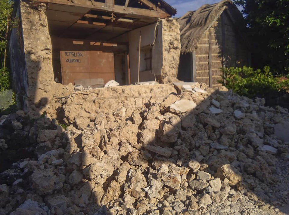 Damaged houses lie in Itbayat town, Batanes islands, northern Philippines following the earthquakes, Saturday, July 27, 2019. Two strong earthquakes hours apart struck a group of sparsely populated islands in the Luzon Strait in the northern Philippines early Saturday. (Agnes Salengua Nico via AP)