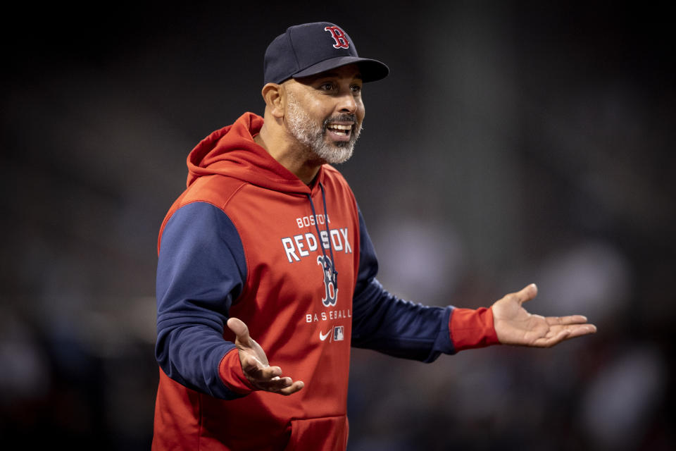 BOSTON, MA - MAY 6: Manager Alex Cora #13 of the Boston Red Sox reacts to a call in the fifth inning of a game against the Chicago White Sox on May 6, 2022 at Fenway Park in Boston, Massachusetts. (Photo by Maddie Malhotra/Boston Red Sox/Getty Images)