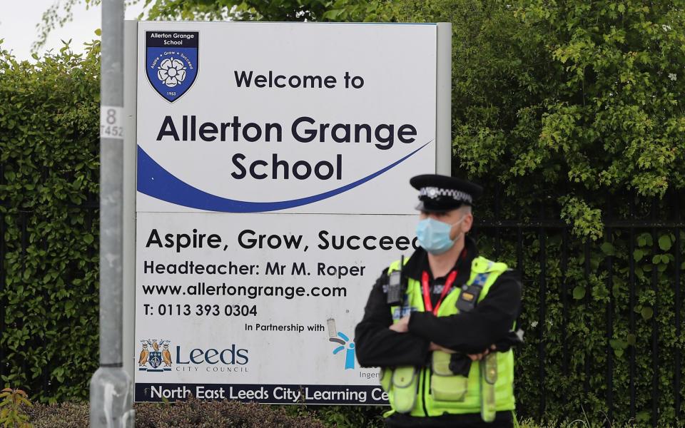 Fea0100354 Police activity at Allerton Grange School in Leeds, West Yorkshire where protests have been held by free Palestine protesters. See story Kevin Donald. A high school headteacher sparked fury when he referred to the Palestinian flag as 
