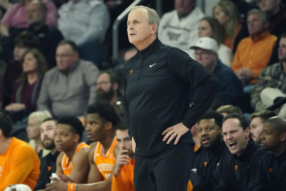 Tennessee head coach Rick Barnes watches his players during the second half of an NCAA college basketball game against Mississippi State, Wednesday, Jan. 10, 2024, in Starkville, Miss. Mississippi State won 77-72. (AP Photo/Rogelio V. Solis)