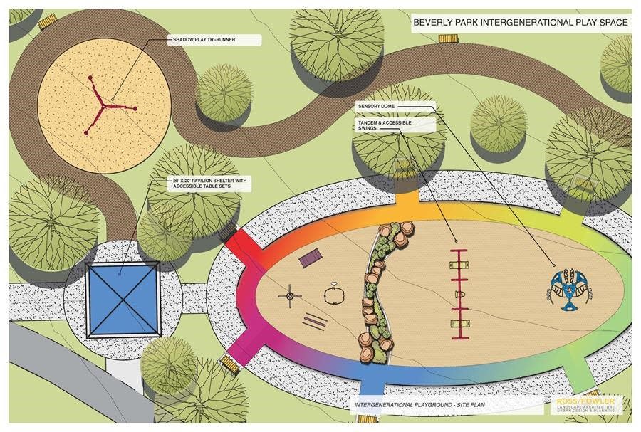 The Playspace will feature an ellipse-shaped central activity area that will be surrounded by a walking track with handrail. Inside the ellipse will be the therapeutic zone and play area featuring equipment for both multigenerational play and physical exercise.