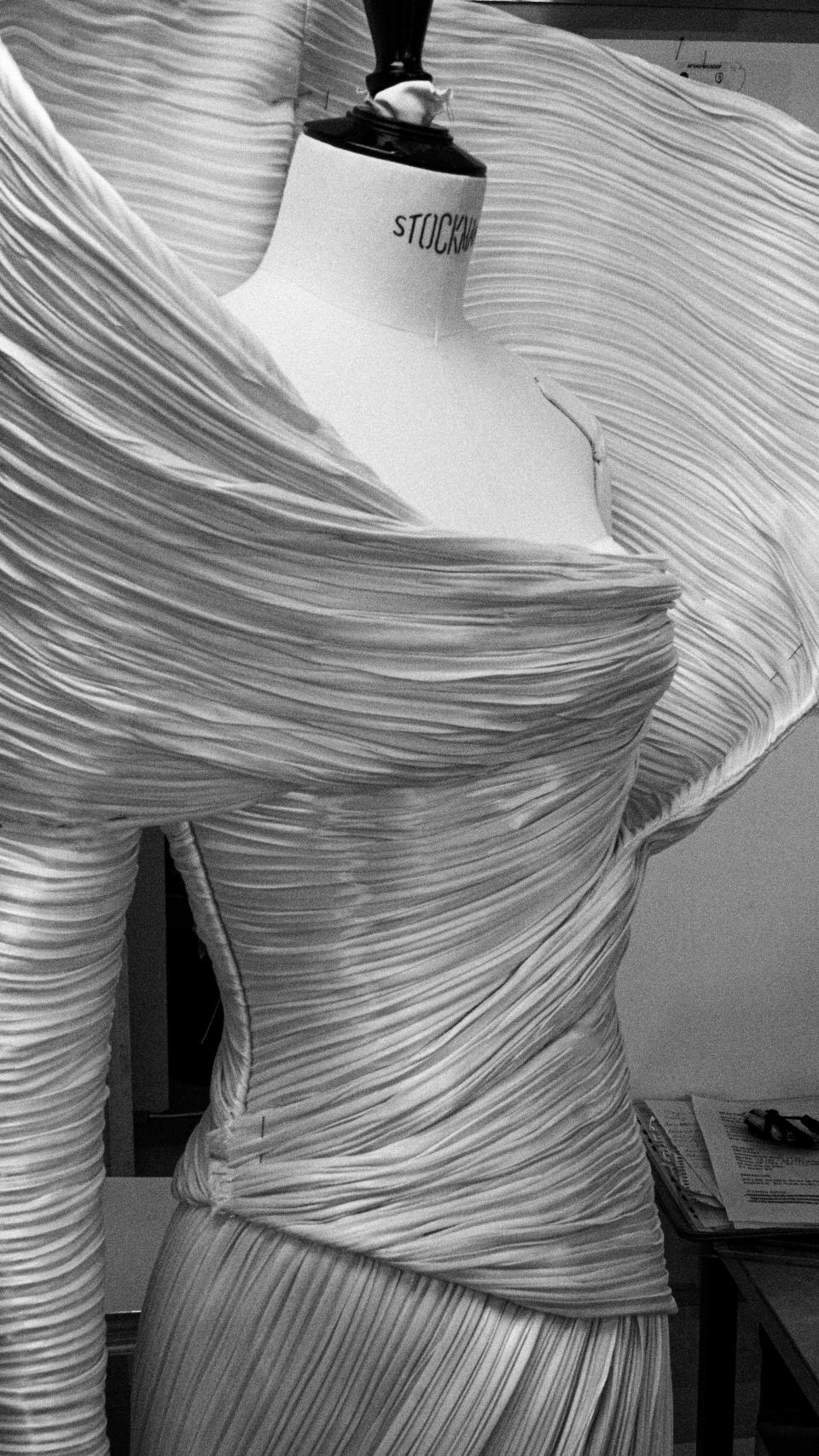 The “wave” dress in progress at Balmain’s atelier in Paris.